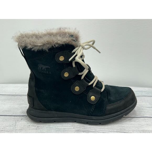 Sorel Womens Black Suede Explorer Joan Waterproof Winter Boots Faux Fur Size 6.5 - Picture 1 of 11